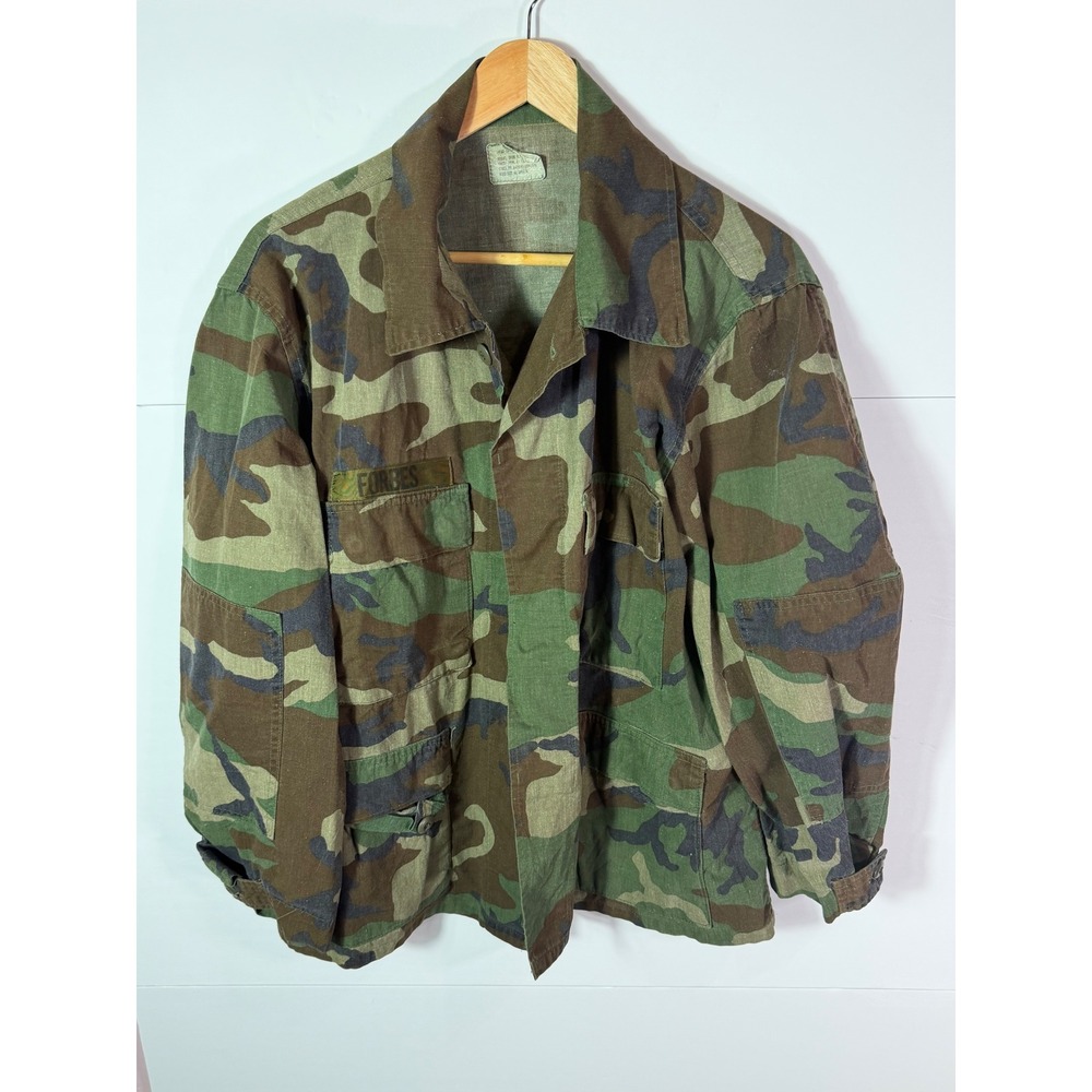 US Military Woodland Camo BDU Field Jacket Coat Large Short Forbes Name Tape